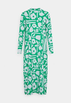 Green long-sleeve midi dress with white abstract floral pattern and a round neckline, displayed on a plain background.