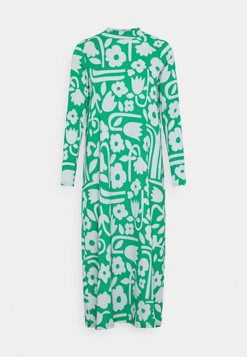 Robe midi verte à manches longues avec motif floral abstrait blanc et col rond, présentée sur un fond uni.