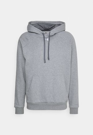 Šedá mikina s kapucí a přední kapsou, šňůrkami a žebrovanými manžetami. Vyrobena z měkké tkaniny s hladkou strukturou a raglánovými rukávy.
