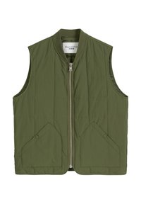 Oliwkowa pikowana kamizelka z przednim zamkiem błyskawicznym, dwoma bocznymi kieszeniami z patkami oraz okrągłym dekoltem. Wykonana z lekkiego, gładkiego materiału.