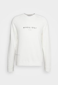 Sweatshirt bianca a girocollo in cotone, con logo stampato "BOGLIOLI MILANO" in lettere scure e polsini a coste.