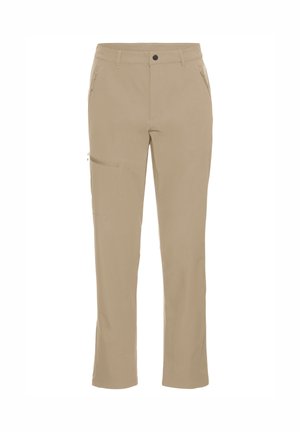 Beige Herren-Freizeithose mit Reißverschlusstaschen an der Seite und am Oberschenkel, Knopfverschluss und Gürtelschlaufen.