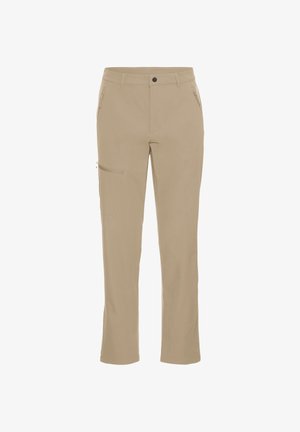 Beige Herren-Freizeithose mit Reißverschlusstaschen an der Seite und am Oberschenkel, Knopfverschluss und Gürtelschlaufen.