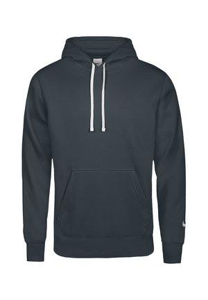 Dunkelgrauer Kapuzenpullover mit weißen Kordeln, Kängurutasche vorne, gerippten Bündchen und einem kleinen Logo am linken Ärmel.