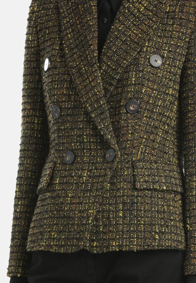 Double-breasted blazer in textured fabric, featuring a brown, green, and yellow woven pattern, with black buttons and flap pockets.