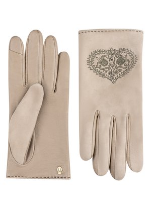 Beige Lederhandschuhe mit glatter Textur. Der linke Handschuh hat ein dekoratives, besticktes Herz, während der rechte einen kleinen Totenkopf-Akzent aufweist.