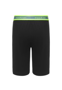 Czarne szorty wykonane z miękkiej tkaniny. Posiadają szeroki elastyczny pas z zielonym akcentem i napisem „slopes & town”. Prosty krój, długość do kolan.