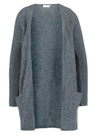 Grå cardigan av mjukt stickat material, med ribbade ärmar, öppen framsida och två framfickor, med en texturerad yta.