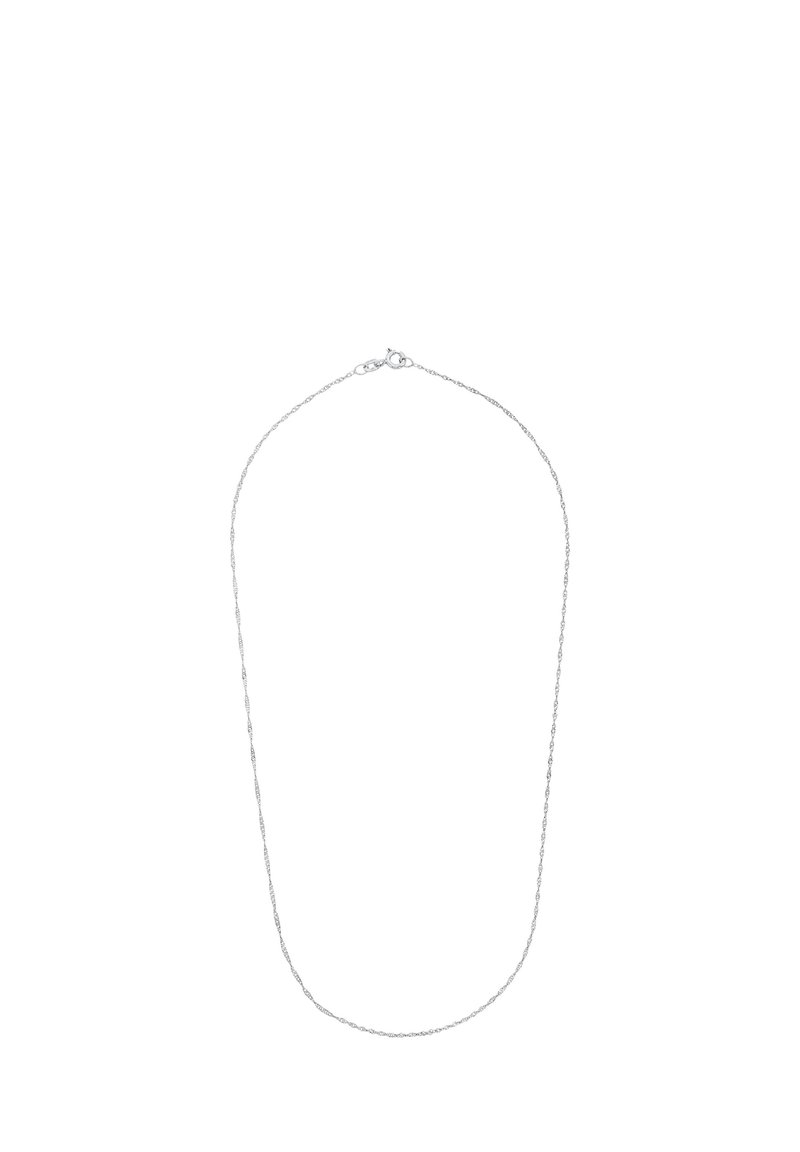 Srebrny naszyjnik łańcuszkowy o delikatnym, skręconym wzorze i zapięciu na zatrzask, charakteryzujący się gładką teksturą i jednolitą grubością na całej długości.