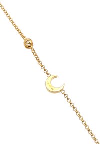 Guldtonet armbånd med en halvmåne charm og en rund perle accent, med en fin kæde og teksturerede led.