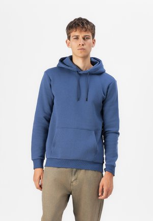 Blue hooded sweatshirt with a front pocket, ribbed cuffs, and waistband, made from a smooth fabric with a relaxed fit.