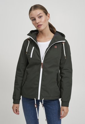 Green outdoor jacket with a hood, featuring a white front zipper, elastic cuffs, and adjustable drawstrings. Includes a textured logo patch.