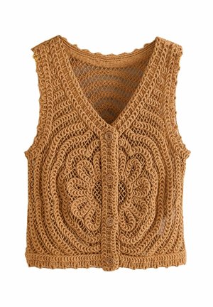 Gilet marron sans manches en crochet avec motif floral, fermeture boutonnée devant et col en V.