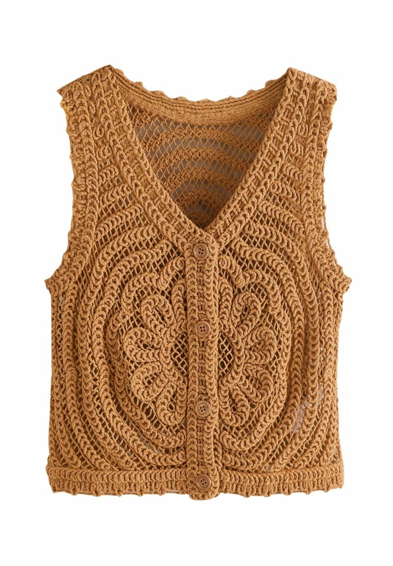 Gilet marron sans manches en crochet avec motif floral, fermeture boutonnée devant et col en V.