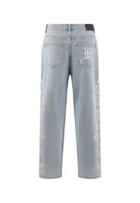 Lichtblauwe denim jeans met een rechte pijp, voorzien van geborduurde bloemenpatronen aan de zijkanten en een merklogo op de achterzak.