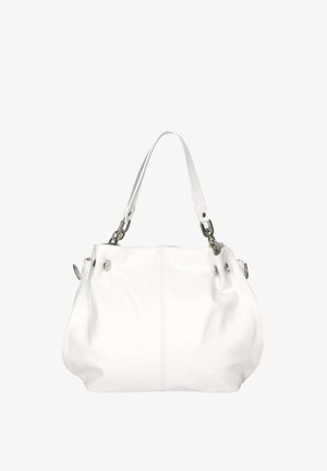 Witte leren handtas met een zacht, geplooid ontwerp, zilverkleurige hardware en twee korte handvatten. De tas heeft een gladde textuur en minimale details.