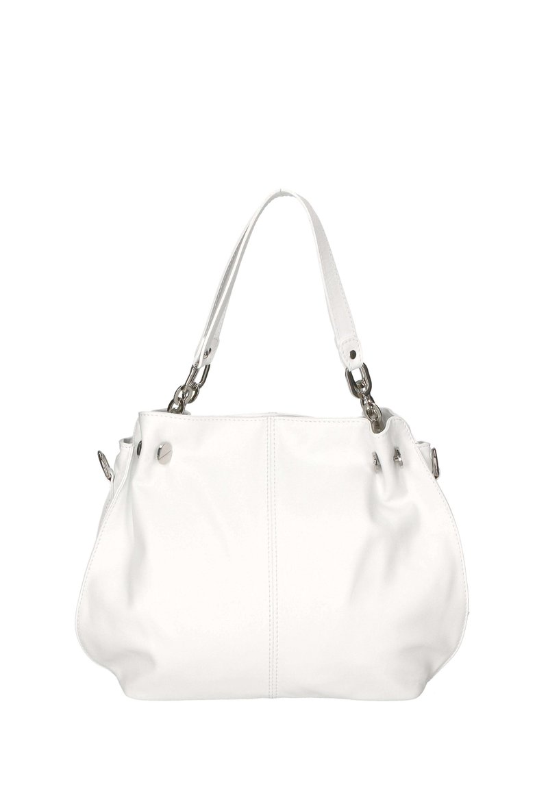 Borsa in pelle bianca con un design morbido e plissettato, accessori in tonalità argento e due manici corti. La borsa presenta una texture liscia e dettagli minimi.