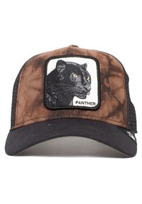 Gorra marrón y negra con parte trasera de malla, que presenta un parche bordado de un pantera negra enmarcado en blanco, contorneado en negro.