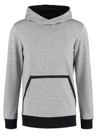 Lichtgrijze hoodie met een kap, een voorvak met zwarte rand, zwarte manchetten en een zwarte zoom, afgebeeld op een witte achtergrond.