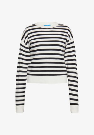 Pull court à rayures noires et blanches avec des manches longues, des poignets côtelés et un col rond, fabriqué à partir d'un matériau doux et léger.