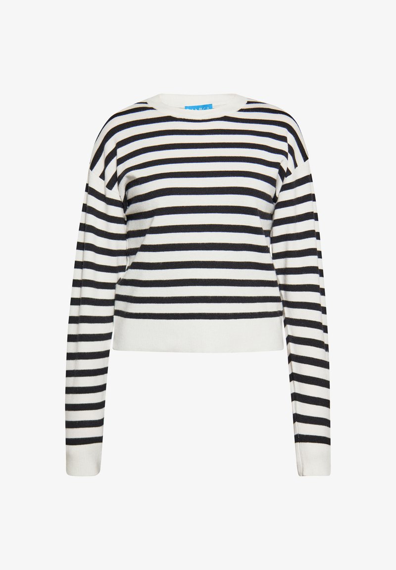 Pulover scurt, cu dungi alb-negru, cu mâneci lungi, manșete răsfrânte și decolteu rotund, fabricat dintr-un material moale și ușor.