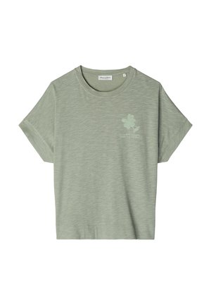 Lichtgroen T-shirt met korte mouwen en een ronde hals, met een subtiele gemêleerde structuur en een kleine bloemmotief met tekst op de linkerborst.