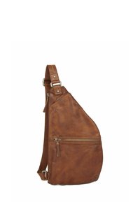 Sac bandoulière en cuir marron avec une forme épurée, une sangle ajustable et une poche zippée. Présente une finition texturée et des accents métalliques.