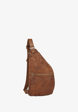 Sac bandoulière en cuir marron avec une forme épurée, une sangle ajustable et une poche zippée. Présente une finition texturée et des accents métalliques.