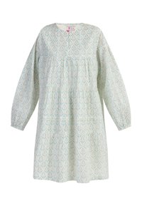 Leichtes Baumwollkleid in einem floralem Muster aus mintgrün und creme, mit rundem Ausschnitt, langen Ärmeln und gerafftem Taillendesign.