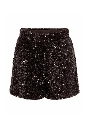 Short noir taille haute recouvert de sequins noirs brillants avec une ceinture lisse et un ourlet droit.