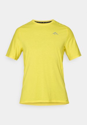 Yellow short-sleeve athletic t-shirt made of lightweight fabric, featuring a round neckline and small blue logo on the chest.