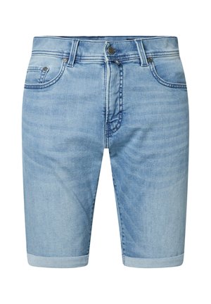 Lichtblauwe denim shorts met rechte snit, omgeslagen zoom, vijf zakken en een ritsluiting. Soepele textuur met lichte wassing.