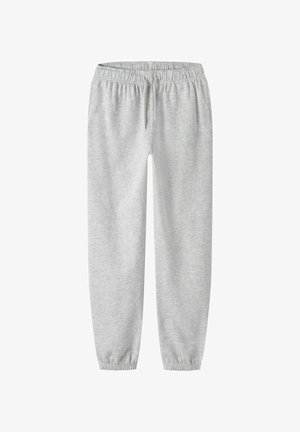 Lichtgrijze joggingbroek met een elastische tailleband en boorden. Gemaakt van zacht materiaal, met een eenvoudig ontwerp en zonder zichtbare patronen.
