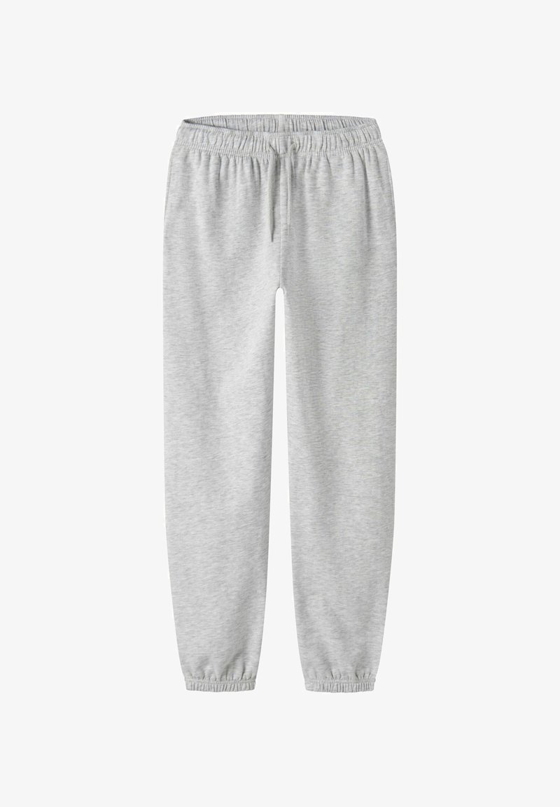 Svetlo sive športne hlače z elastičnim pasom in zaključki. Iz mehke tkanine, s preprosto zasnovo in brez vidnih vzorcev.