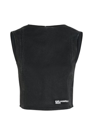 Zwarte mouwloze top van denim, met een ronde halslijn, een getailleerde pasvorm en een merklabel aan de onderkant rechts.