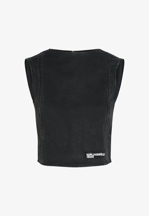 Top preto sem mangas feito de denim, com decote redondo, corte ajustado e um rótulo de marca na parte inferior esquerda.