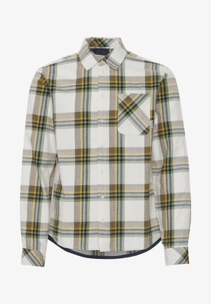 Long-sleeve plaid shirt featuring white, green, yellow, and gray colors. Made of cotton, with a button-down collar and chest pocket.