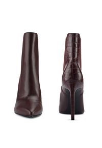 Burgundy leather ankle boots with a pointed toe, textured back, and high stiletto heel. Smooth finish with croc-patterned accents.