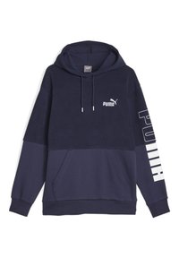 Sudadera navy con bolsillo canguro, con el logo blanco de Puma en el pecho y un gran diseño de texto en la manga; hecha de una suave tela texturizada.