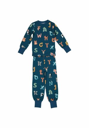 Børns mørkblågrønne pyjamas med lange ærmer med farverige dyr og bogstavtryk, ribstrikkede ærmekanter og bukser.