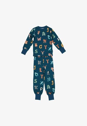 Børns mørkblågrønne pyjamas med lange ærmer med farverige dyr og bogstavtryk, ribstrikkede ærmekanter og bukser.