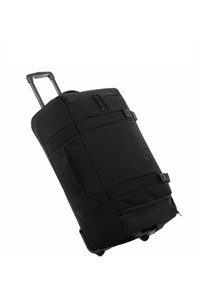 Borsa da viaggio con ruote nera, con esterno in tessuto, numerose tasche con zip, manici rinforzati e ruote resistenti per la mobilità.