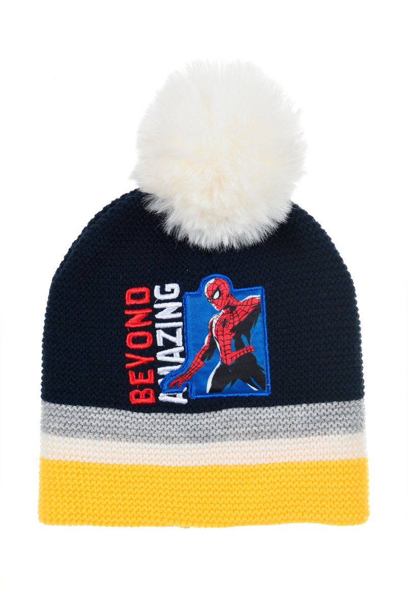 Berretto di maglia con corpo blu navy, pom-pom bianco, strisce grigie e gialle, con grafica di Spider-Man e testo "BEYOND AMAZING".