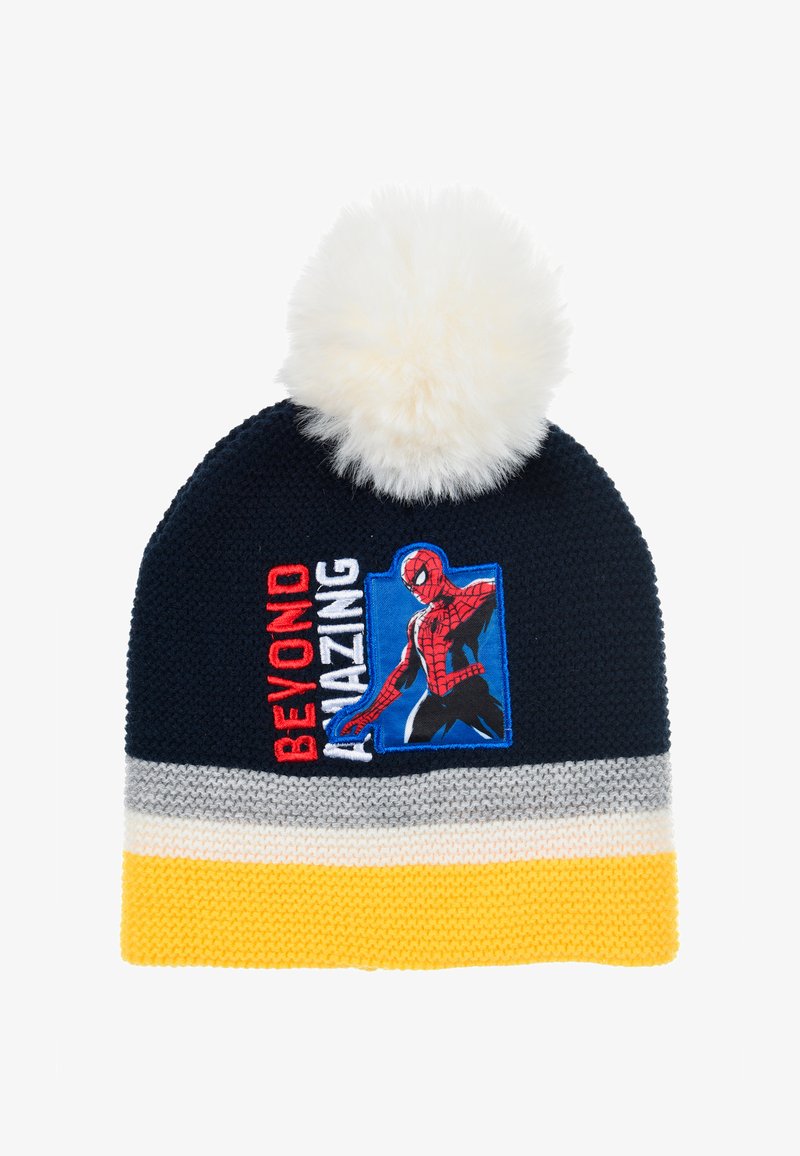 Bonnet en tricot avec un corps bleu marine, un pompon blanc, des rayures grises et jaunes, avec un graphique de Spider-Man et le texte "BEYOND AMAZING".