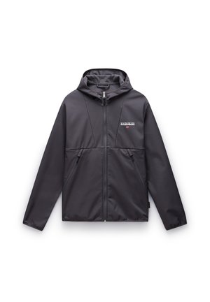 Men's hooded jacket in solid black, featuring a zippered front, two side pockets, and a logo on the chest. Smooth, water-resistant material.