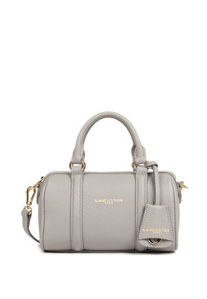 Borsa a tracolla in pelle grigia con accessori dorati, manici arrotondati e una tracolla removibile, caratterizzata da una superficie texturizzata e dettagli con logo.
