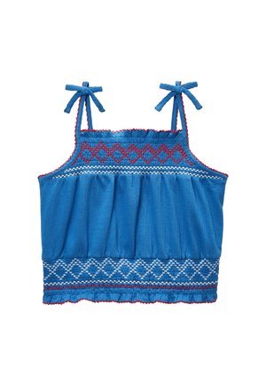 Haut court sans manches bleu avec broderie losange rouge et blanche, bretelles réglables et ourlet à volants.