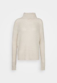 Cream-colored knit turtleneck sweater with long sleeves and a relaxed fit. Textured pattern throughout, smooth finish at the hem and cuffs.