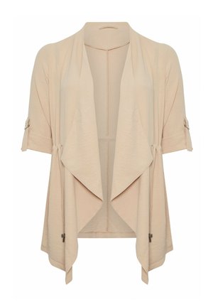 Beiger Cardigan mit offenem Frontdesign und 3/4-Ärmeln, ausgestattet mit verstellbarem Umschlag und drapierten Frontpaneelen mit Kordelzug-Details.