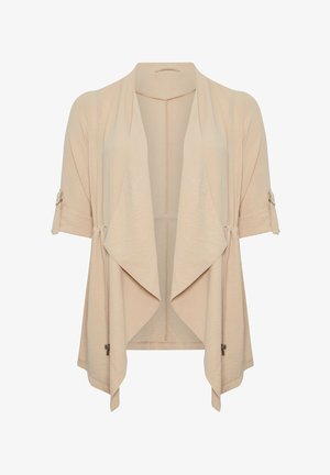 Beiger Cardigan mit offenem Frontdesign und 3/4-Ärmeln, ausgestattet mit verstellbarem Umschlag und drapierten Frontpaneelen mit Kordelzug-Details.